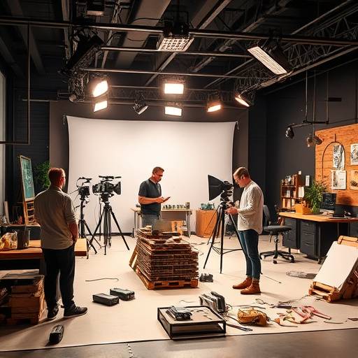 Diseñadores trabajando en la creación de una escenografía para un programa de televisión.