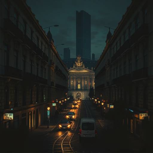 Póster de la serie 'Sombras de la Noche' con una imagen intrigante de la ciudad de Madrid de noche.