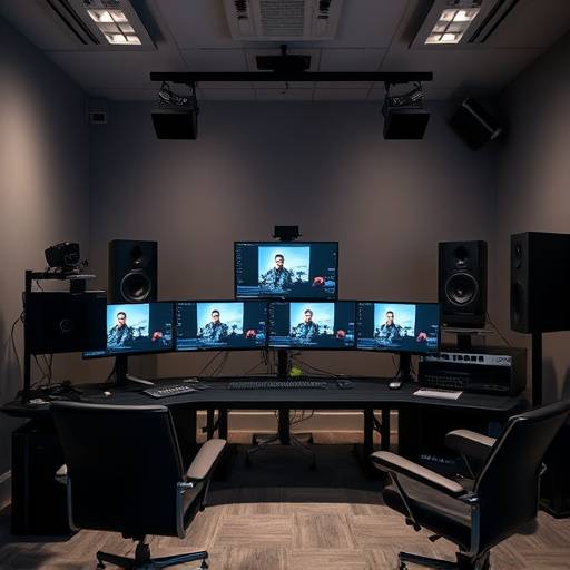 Una sala de edición equipada con software de edición de video profesional y monitores de alta resolución.