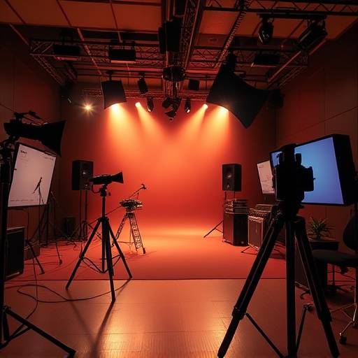 Vista general del estudio principal de Estudios LuminaVision, mostrando el set de grabación y la iluminación.